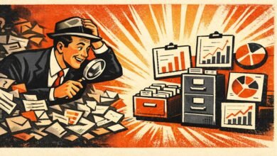 Retro illustration of man with magnifying glass examining data.