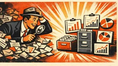 Retro illustration of man with magnifying glass examining data.