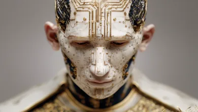 Close-up of a humanoid robot face with intricate circuitry details.