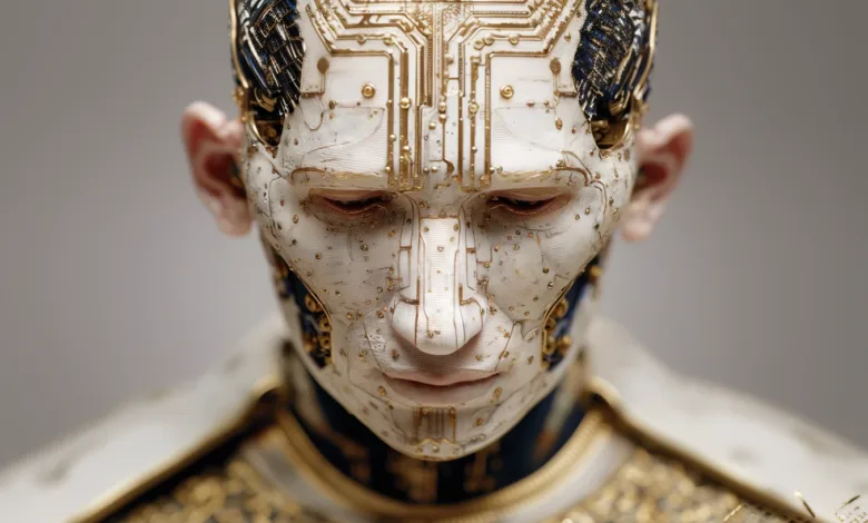 Close-up of a humanoid robot face with intricate circuitry details.