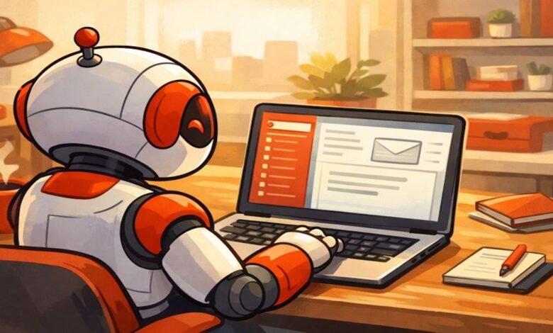 Cartoon robot sits at desk, using laptop for email.