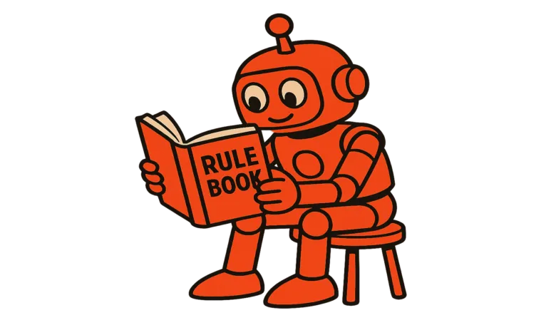 Orange cartoon robot sitting on stool reading a book titled 'Rule Book'.