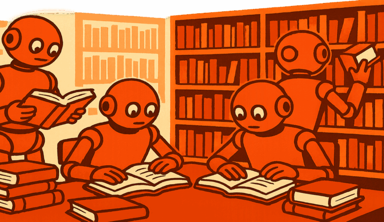 Four orange robots reading books in a library setting.