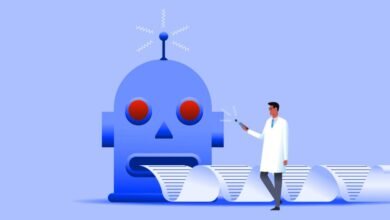 Illustration of scientist examining a large, blue robot with a long paper printout.