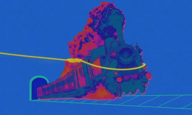 Stylized steam train hurtling forward, smoke billowing, bright colors.