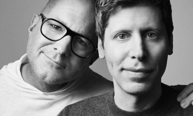 Black and white portrait of Jony Ive and Sam Altman smiling.