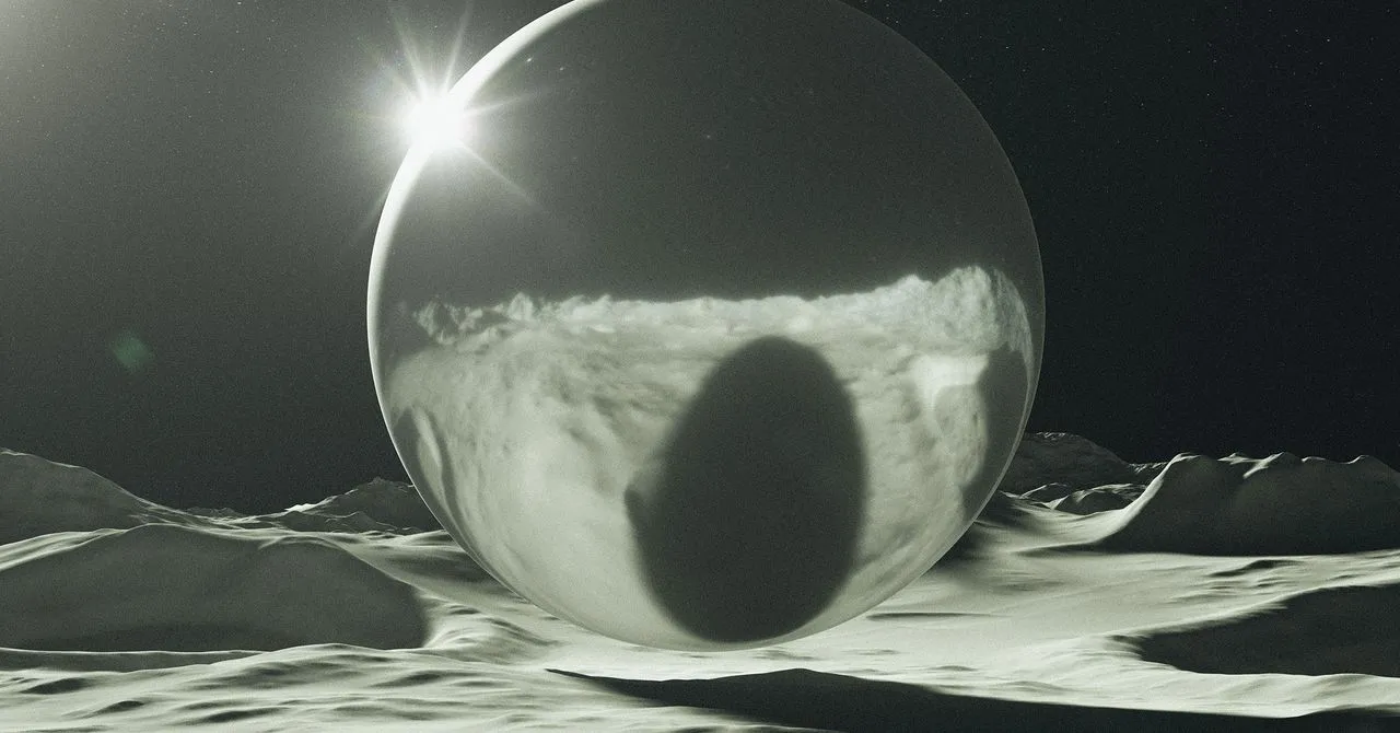 Monochrome image of a large sphere on a lunar-like surface with a bright light source.