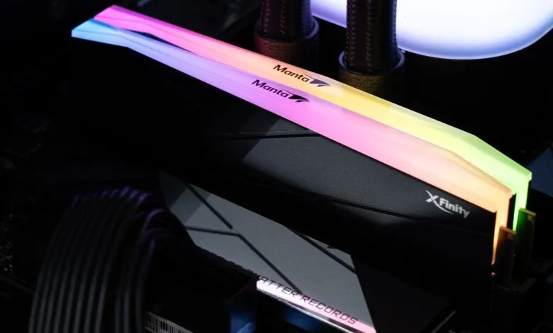 Close-up of colorful Manta Xfinity RAM sticks in a computer.