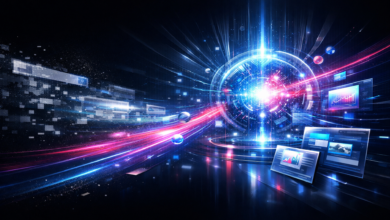 Abstract digital art with glowing sphere, data streams, and floating screens.