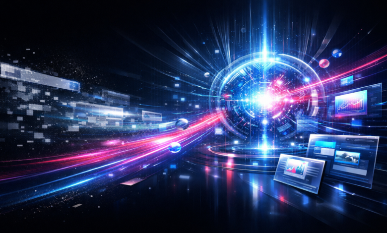 Abstract digital art with glowing sphere, data streams, and floating screens.