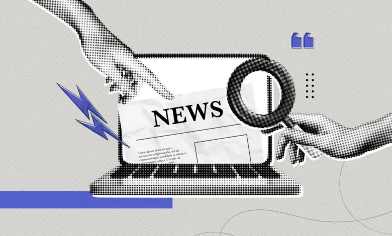 Hands examine 'NEWS' on laptop with magnifying glass, lightning bolt.