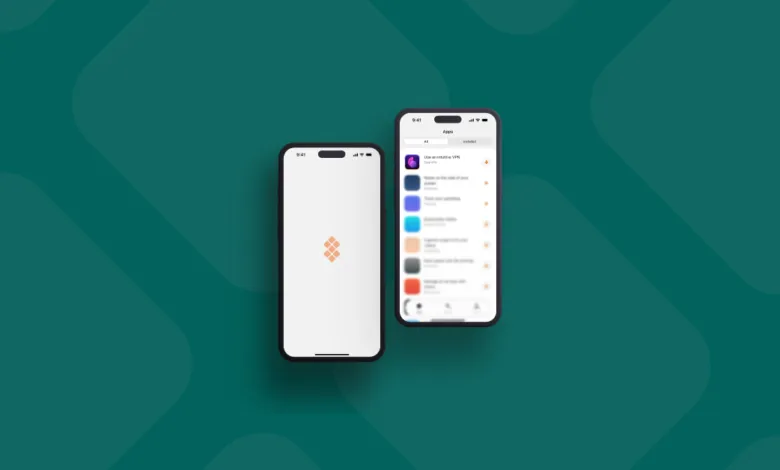 Two iPhones displaying app screens on a teal background.
