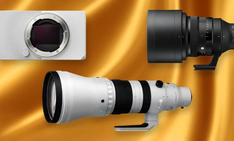 Three camera lenses: a body, a 135mm, and a 300-600mm lens, on a gold background.