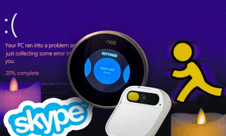 Tech graveyard: Windows error screen, Nest thermostat, Skype logo, and AOL Running Man.