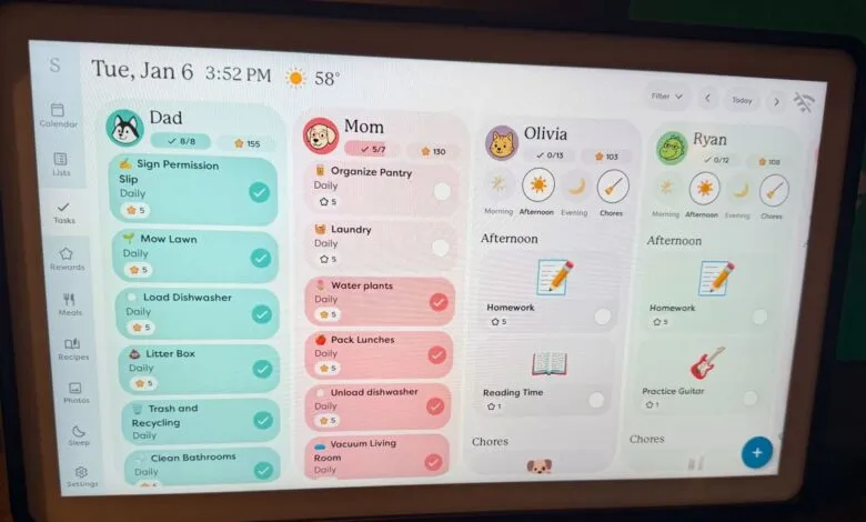 Digital Skylight calendar showing family members' daily tasks and schedules.
