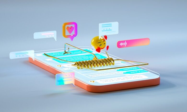 Smartphone stylized as a mousetrap surrounded by social media icons.