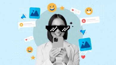 Woman with pixelated sunglasses holds phone surrounded by social media icons.