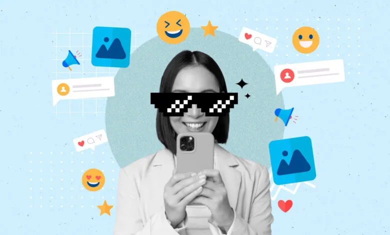 Woman with pixelated sunglasses holds phone surrounded by social media icons.
