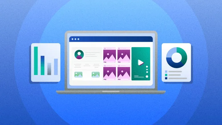 Laptop displaying social media portfolio with charts and analytics.
