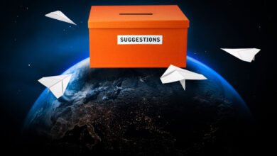 Orange suggestion box floats above Earth with paper airplanes.