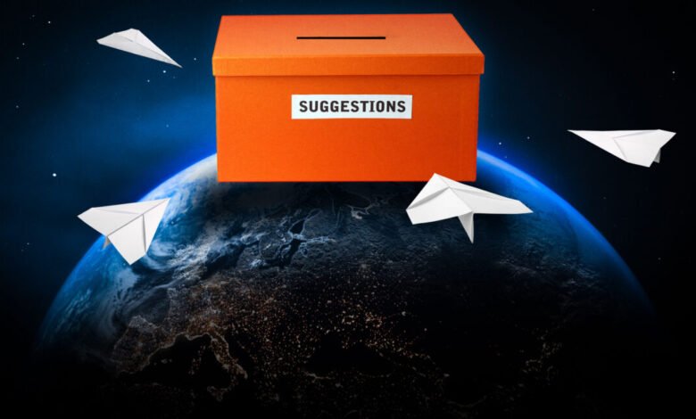 Orange suggestion box floats above Earth with paper airplanes.