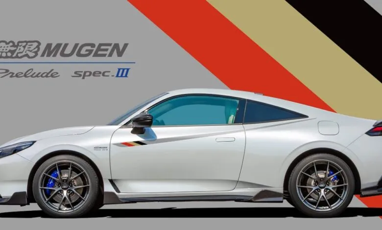 Side view of a white Mugen Prelude Spec III coupe.