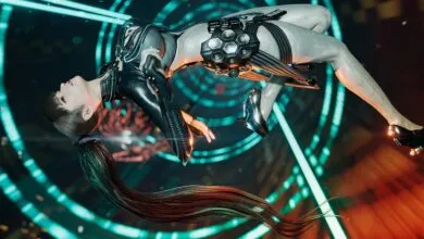 Woman in futuristic suit floats against a neon tunnel backdrop.