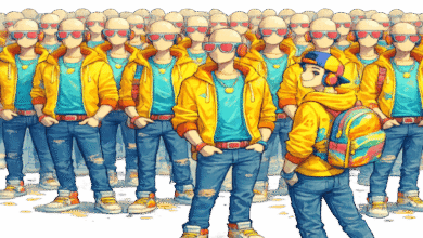 One person stands out in a crowd of identical figures with unique style.
