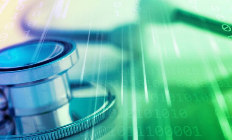 Close-up of a stethoscope with binary code overlay, medical technology concept.