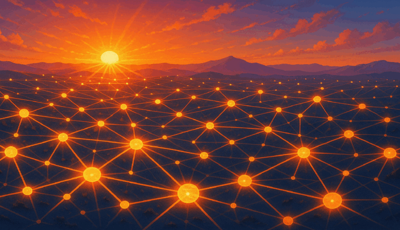Futuristic landscape with glowing network and sunrise.