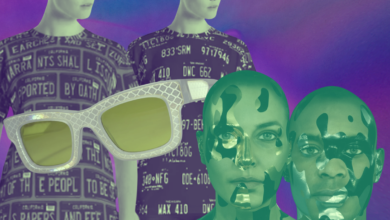 Abstract art featuring mannequins, license plate shirts, and sunglasses.