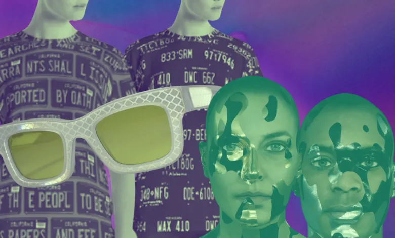 Abstract art featuring mannequins, license plate shirts, and sunglasses.