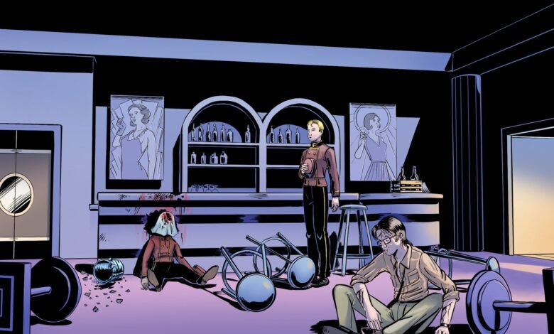 Comic panel shows aftermath of violence in a bar with three figures.