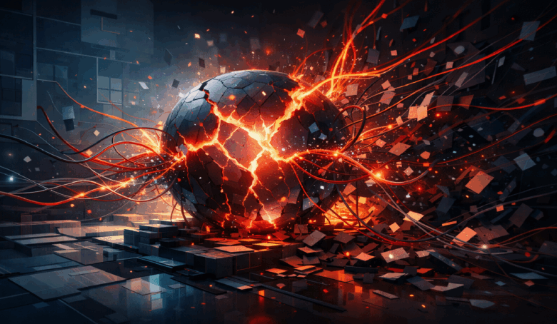 Cracked sphere with glowing orange energy and scattered fragments.