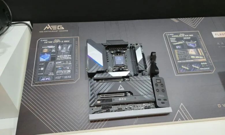 MSI MEG X870E Unify-X Max motherboard on display.
