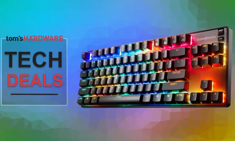 SteelSeries keyboard with RGB lighting, promoting tech deals.