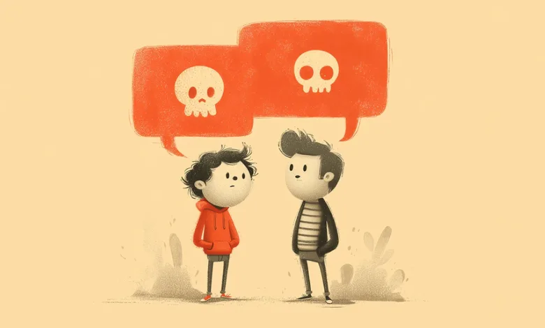 Two cartoon boys with skull thought bubbles, indicating danger.