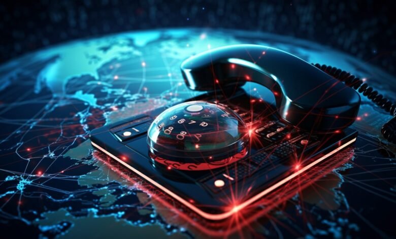 Rotary phone on a world map with glowing network connections.