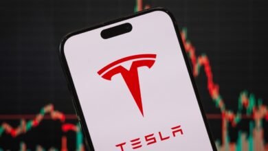 Tesla app displayed on a smartphone with stock chart background.
