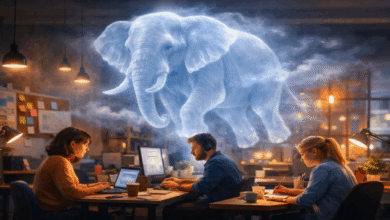 Three people work at computers under a glowing elephant hologram.