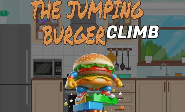 Cartoon burger character climbing blocks in a kitchen setting.