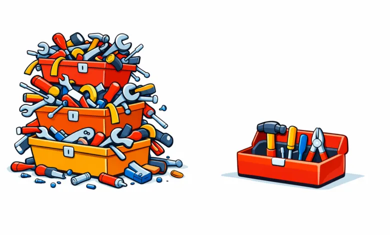 Cartoon image of overflowing toolbox next to organized toolbox.