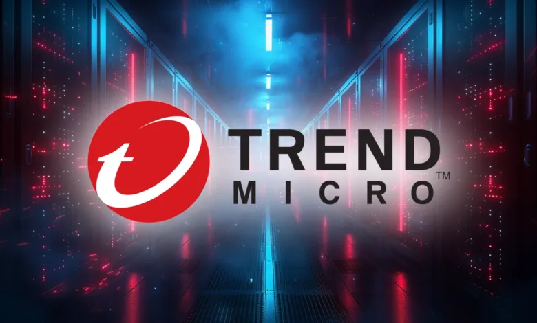 Trend Micro logo and text in a server room environment.