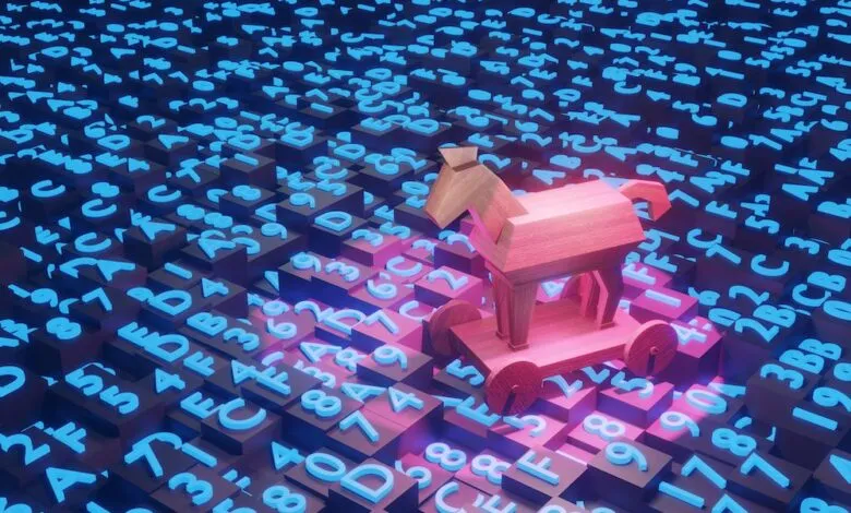 Wooden Trojan horse on blocks with glowing blue alphanumeric characters.