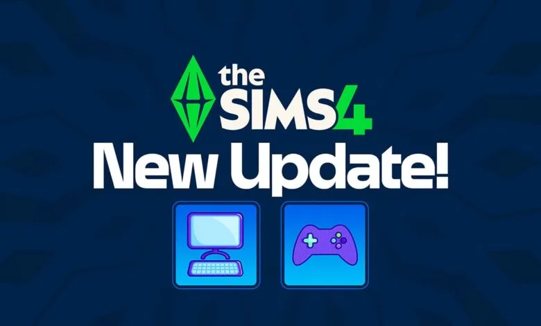 The Sims 4 New Update graphic with computer and controller icons.