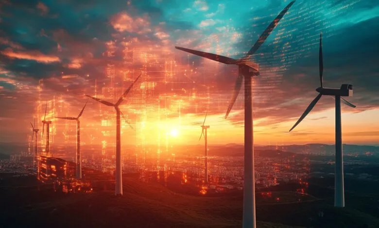 Wind turbines on a hill with a sunset and digital overlay.