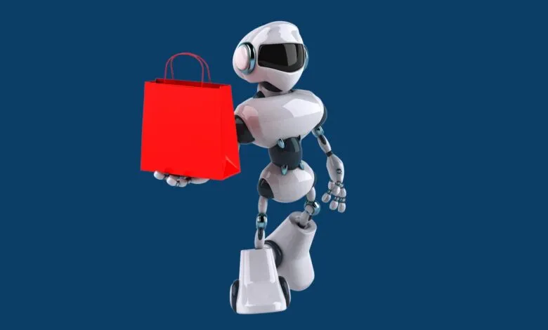 White robot holding a red shopping bag on blue background.