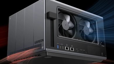 UGREEN NAS enclosure with cooling fans visible through a clear panel.