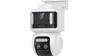 White UGREEN security camera with two lenses and LED lights.