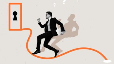 Man in suit runs toward keyhole, holding laptop, symbolizing opportunity.